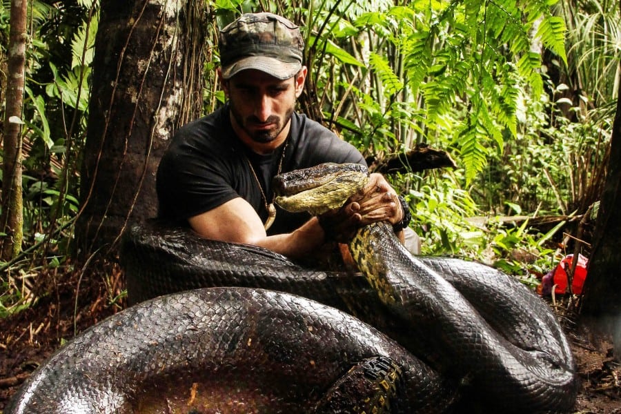 Poul Rosolie with the giant anaconda which will later attempt to eat him | Getty Image