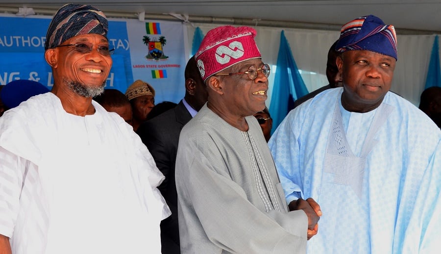 Governor, Akinwunmi Ambode (right), and All Progressive Congress, National Leader, Senator Bola Hamed Tinubu (middle), and Ogbeni, Rauf Aregbeshola, Osun State governor during the commissioning of Ikorodu road | Photo credit: osun.gov.ng