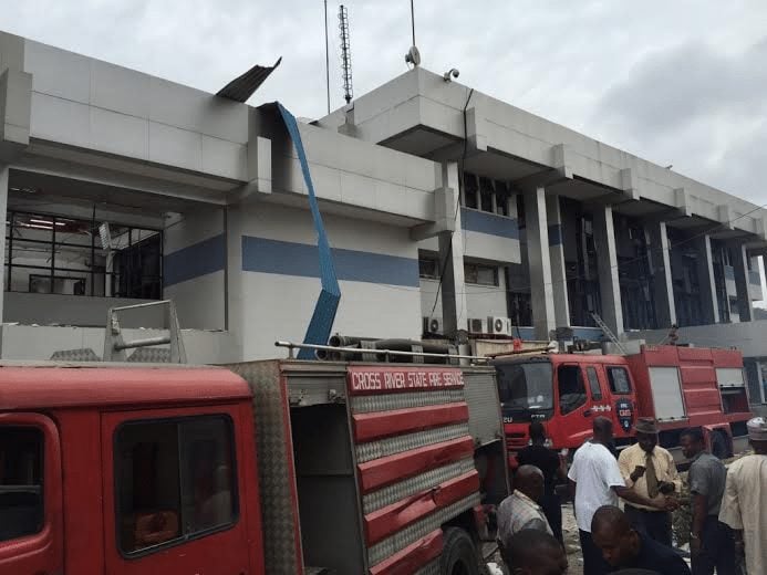 CBN Office in Calabar surrounded by the fire fighters van 